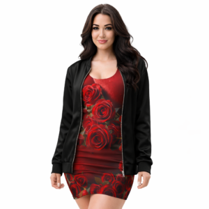 Black all-over print bomber jacket for women with fleece lining
